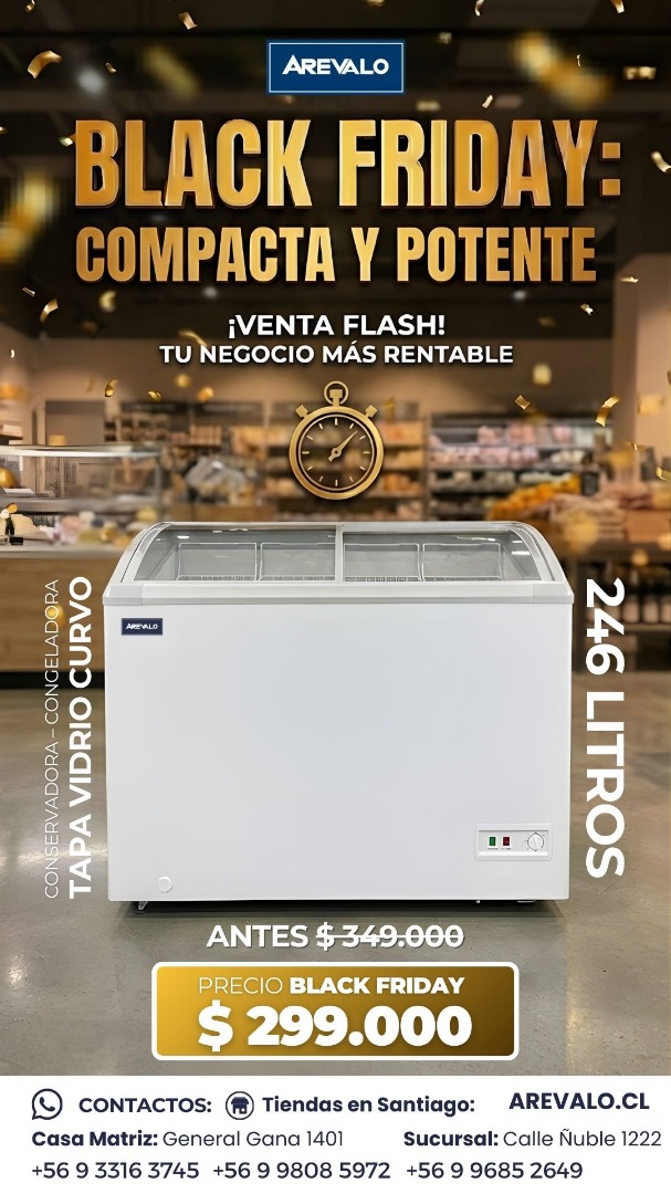 Conservadora - Congeladora Tapa Vidrio Curvo 246 Litros Arevalo