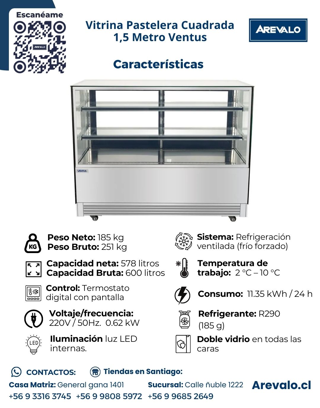 Vitrina Pastelera Cuadrada 1,5 Metro Ventus VP-1500C - Imagen 5