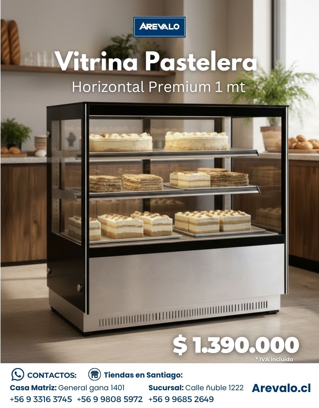 Vitrina Pastelera Horizontal Premium Arevalo 1 mt - Imagen 6
