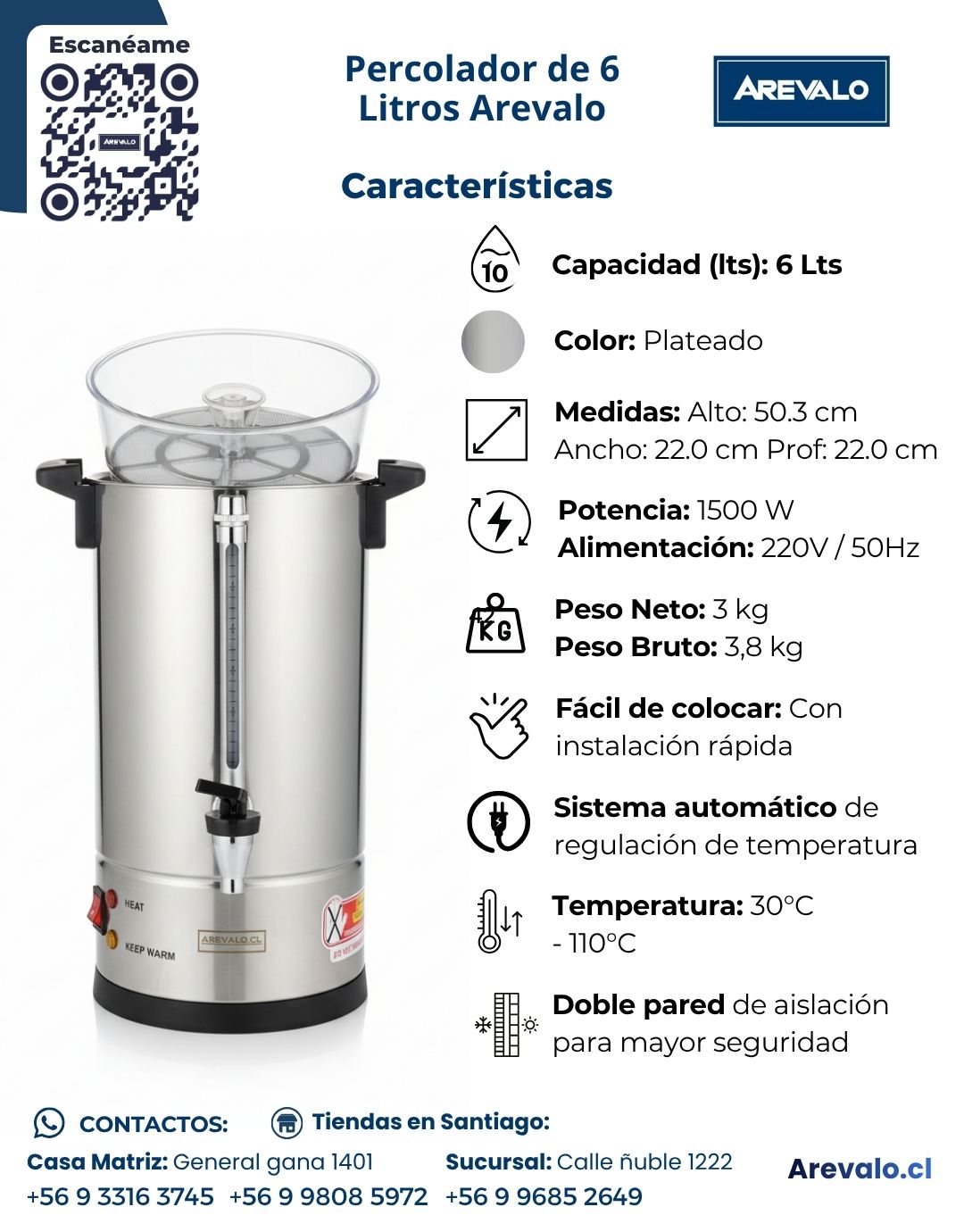 Hervidor de Agua (Percolador ) 6 Litros – AREVALO - Imagen 3